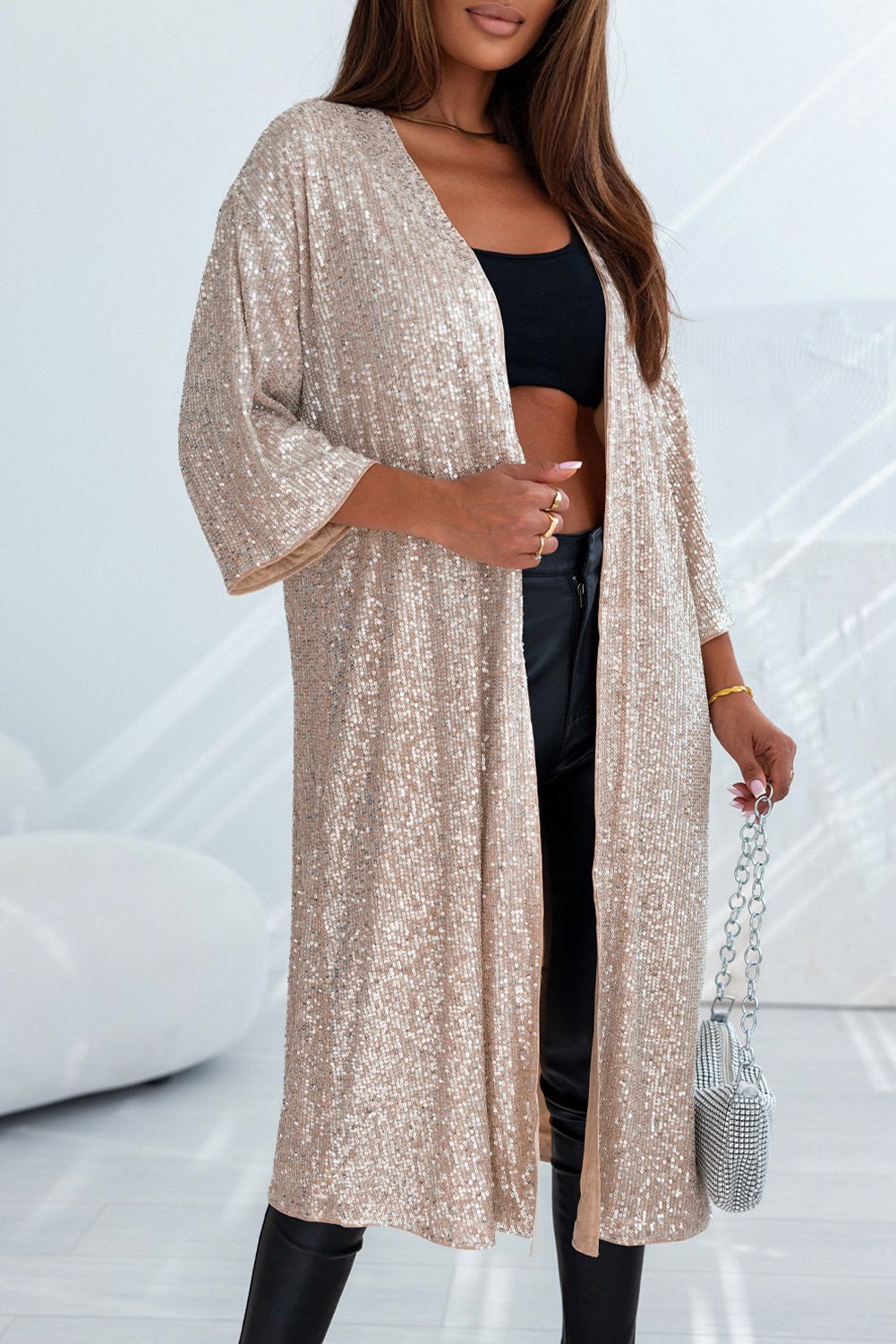 Black Sequin 3/4 Sleeve Open Front Duster Kimono