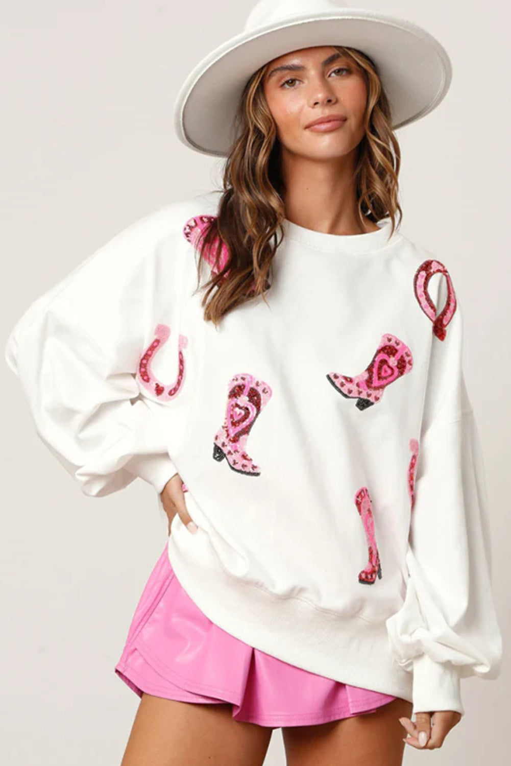 White Sequin Western Cowgirl Boots Graphic Sweatshirt