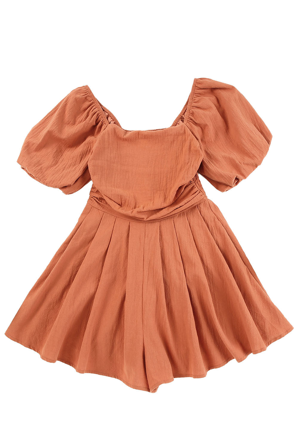 Brown Square Neck Ruched Puff Sleeve Romper