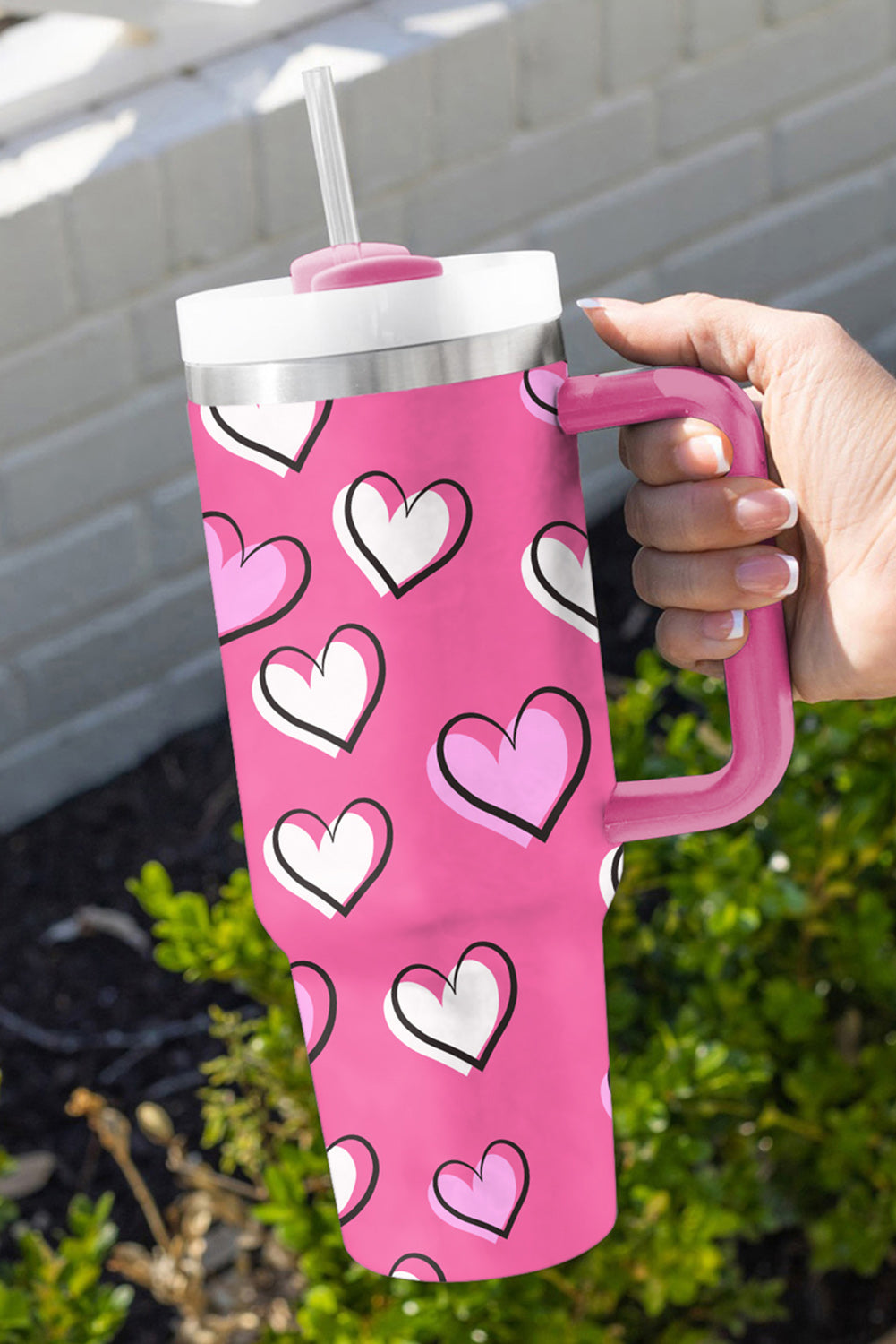 Rose Red Heart Printed Thermos Cup with Handle 40oz