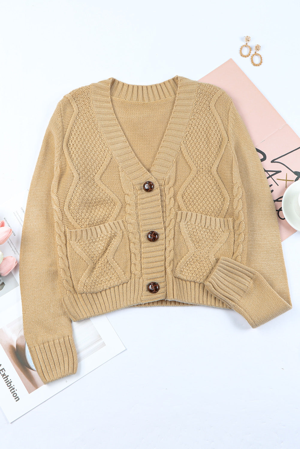 Beige Front Pockets Buttons Textured Cardigan