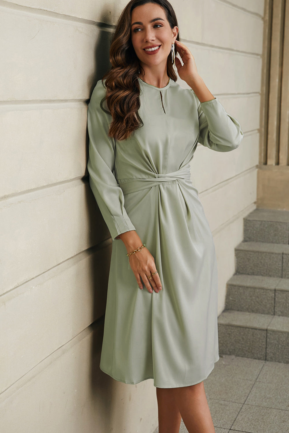 Apricot Twist Front Tie Back Long Sleeve Satin Dress