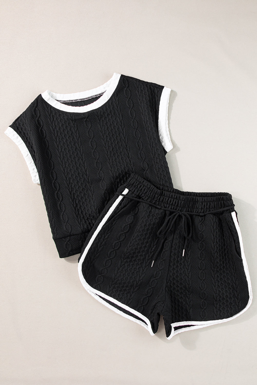 Pink Contrast Trim Cable Textured Shorts Set