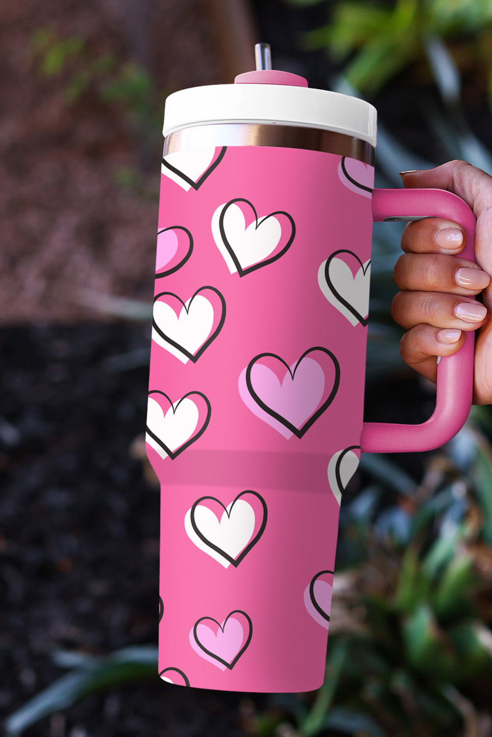 Rose Red Heart Printed Thermos Cup with Handle 40oz