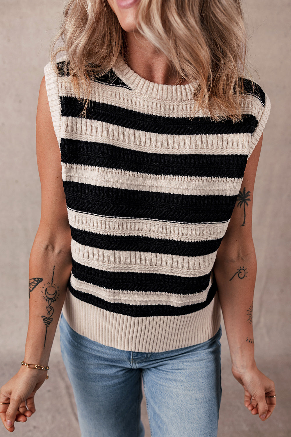 Black Stripe Ribbed Trim Knitted Tank Top