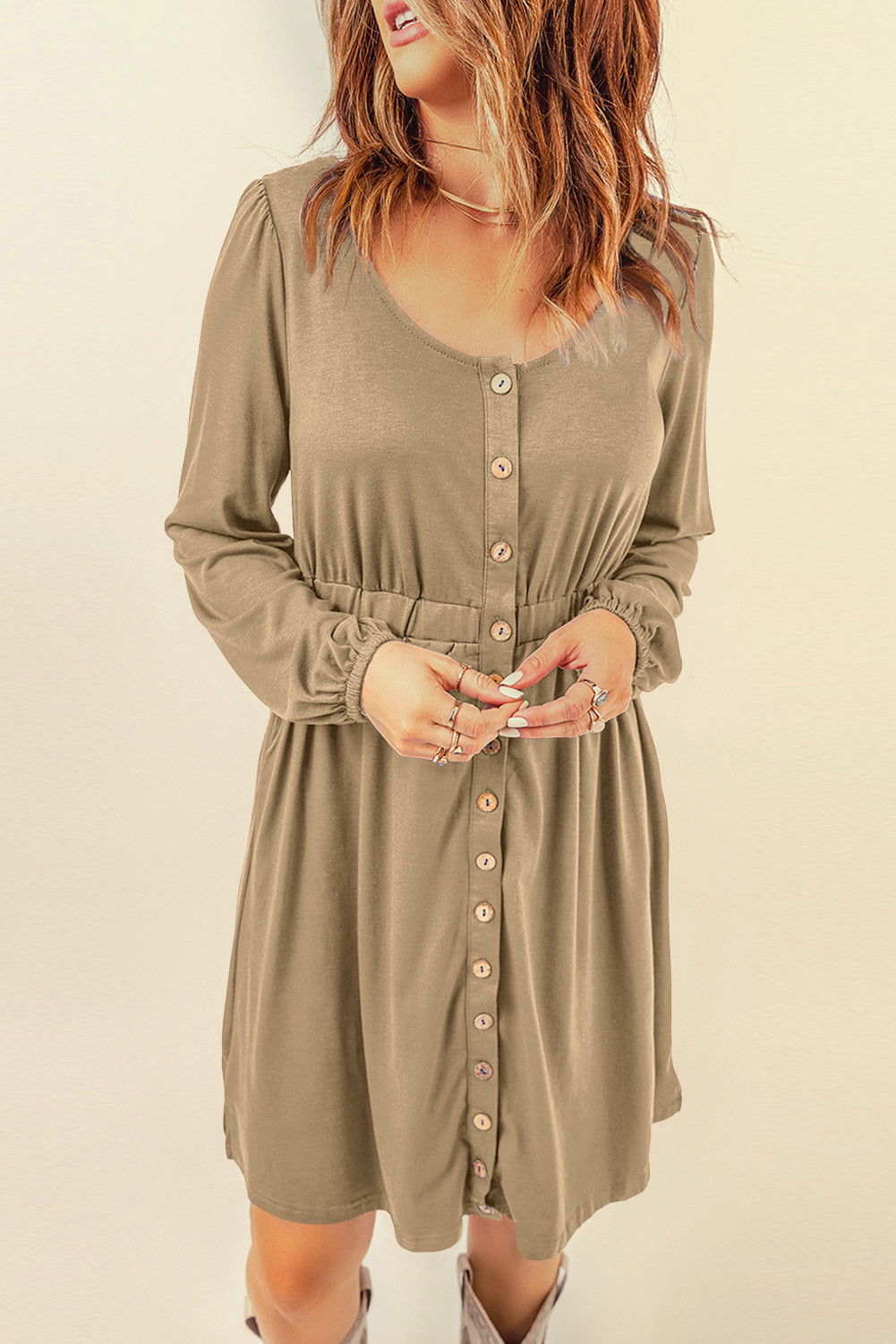 Button Up High Waist Long Sleeve Dress