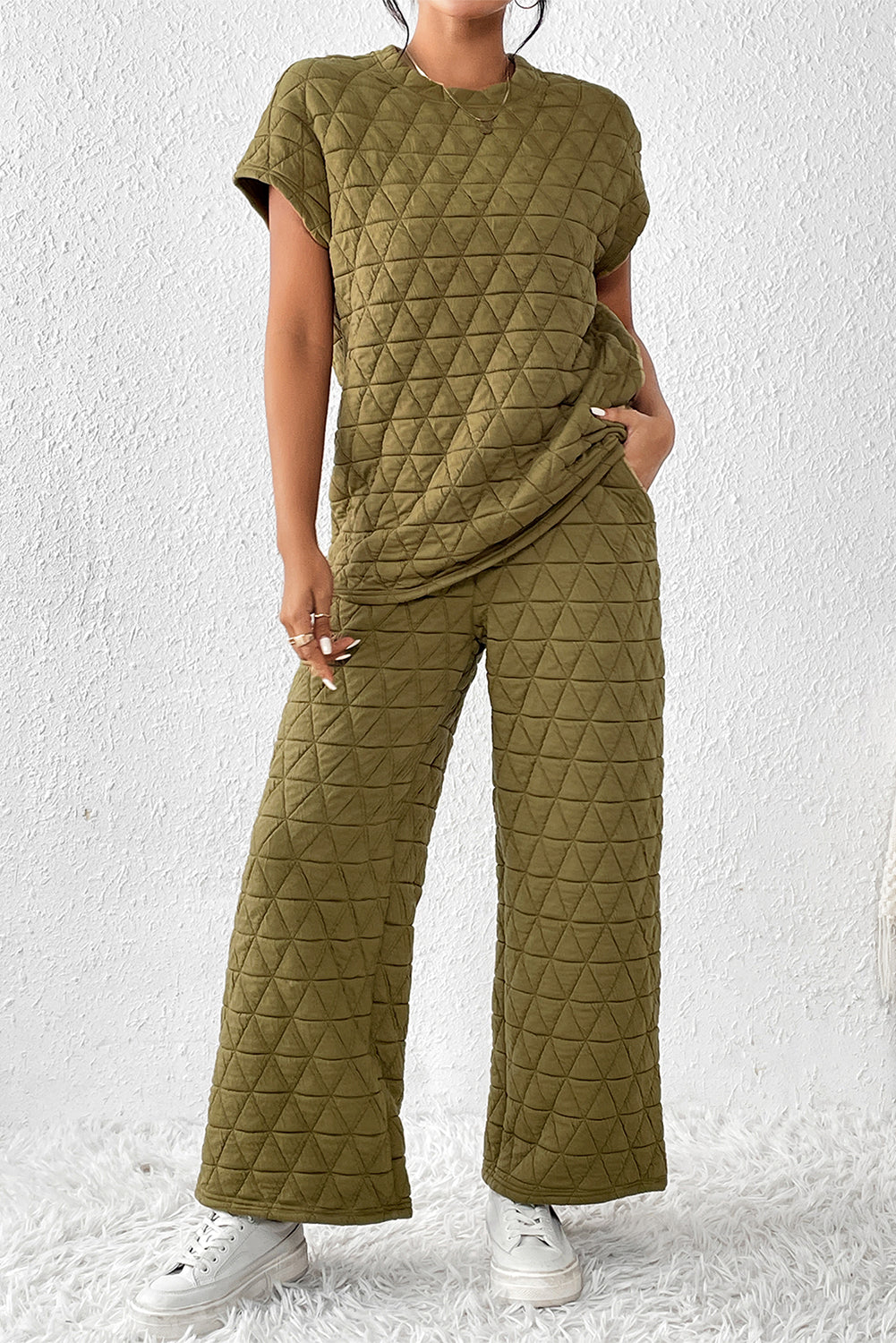 Real Teal Quilted Short Sleeve Wide Leg Pants Set