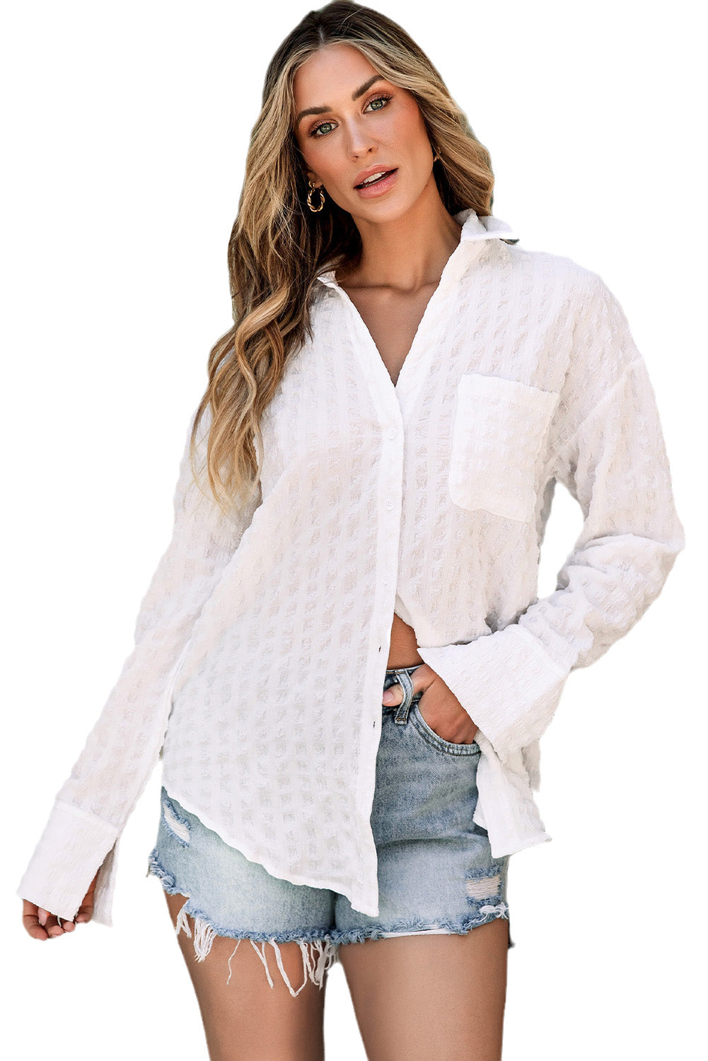 White Crinkled Plaid Textured Shirt