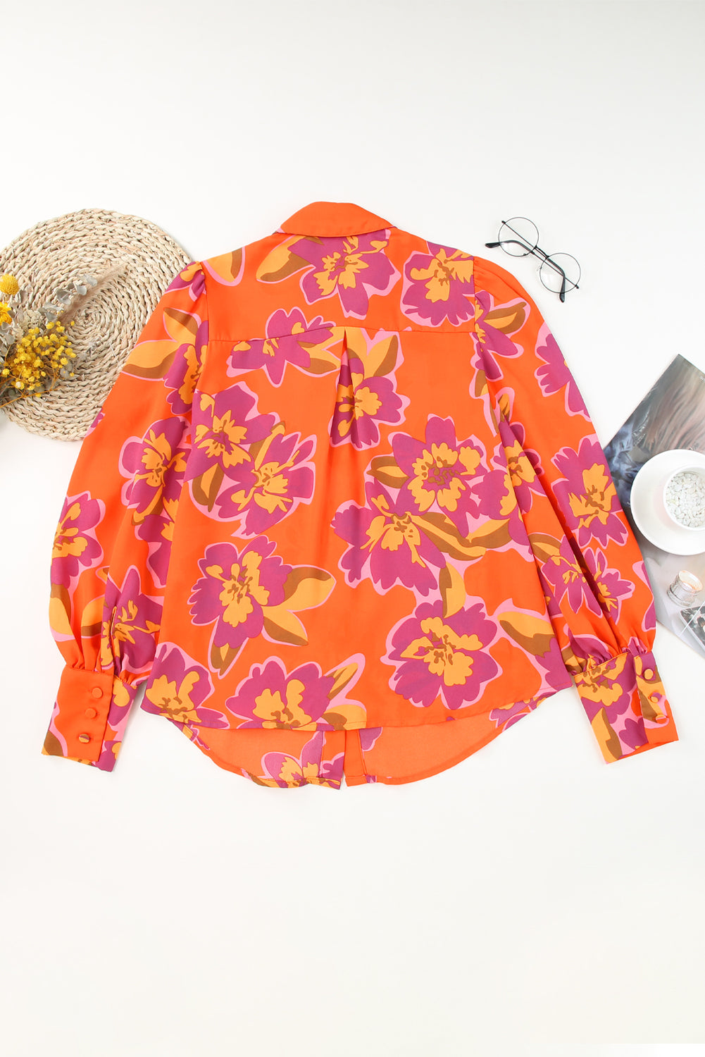 Fiery Red Floral Print Lantern Sleeve Shirt