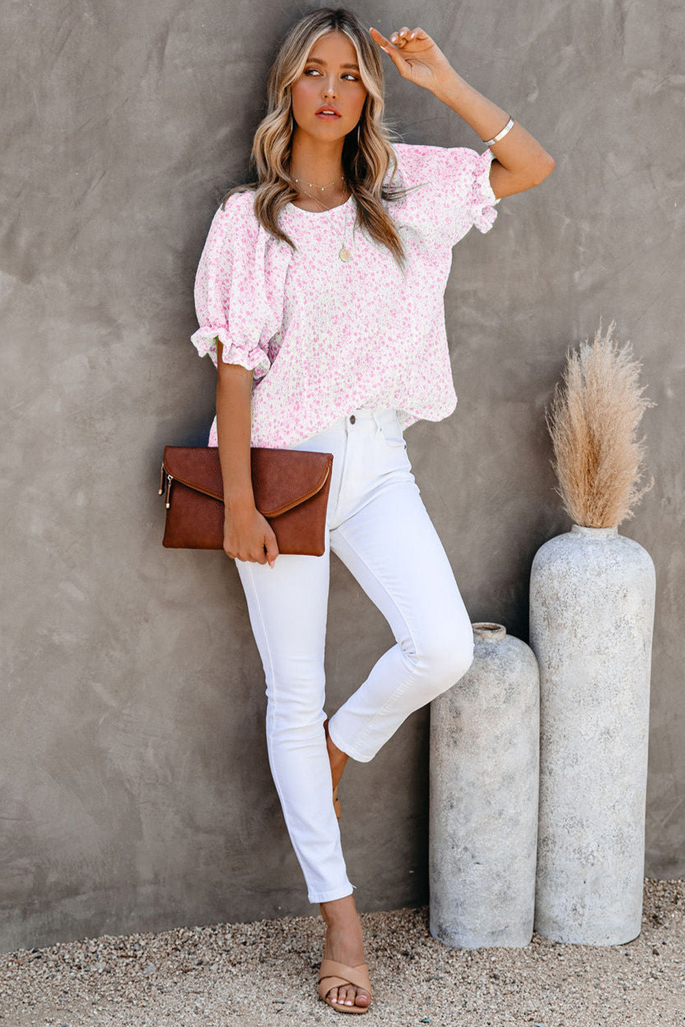 Sky Blue Floral Smocked Puff Sleeve Blouse