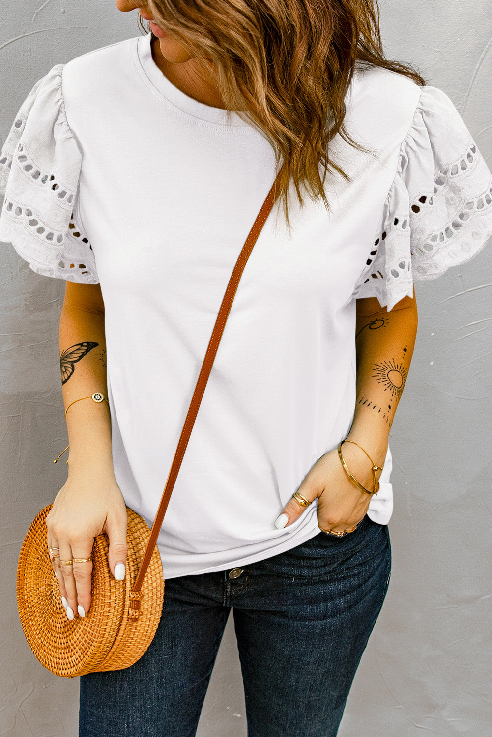 White Hollow Out Ruffle Sleeve T-shirt