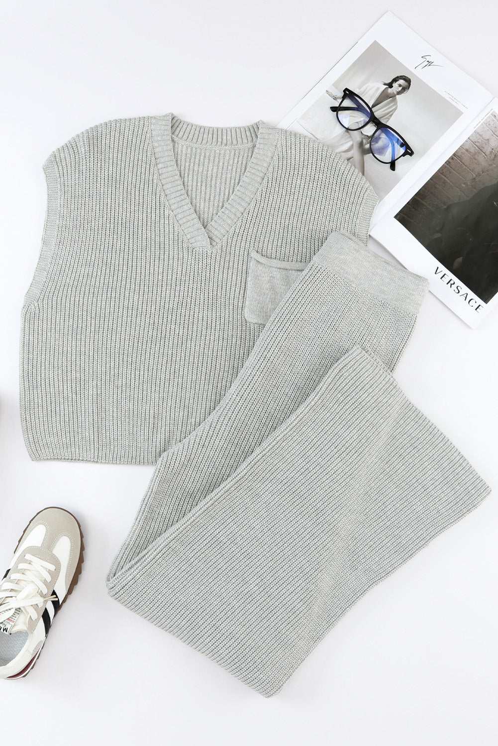 Sky Blue Knitted V Neck Sweater and Casual Pants Set