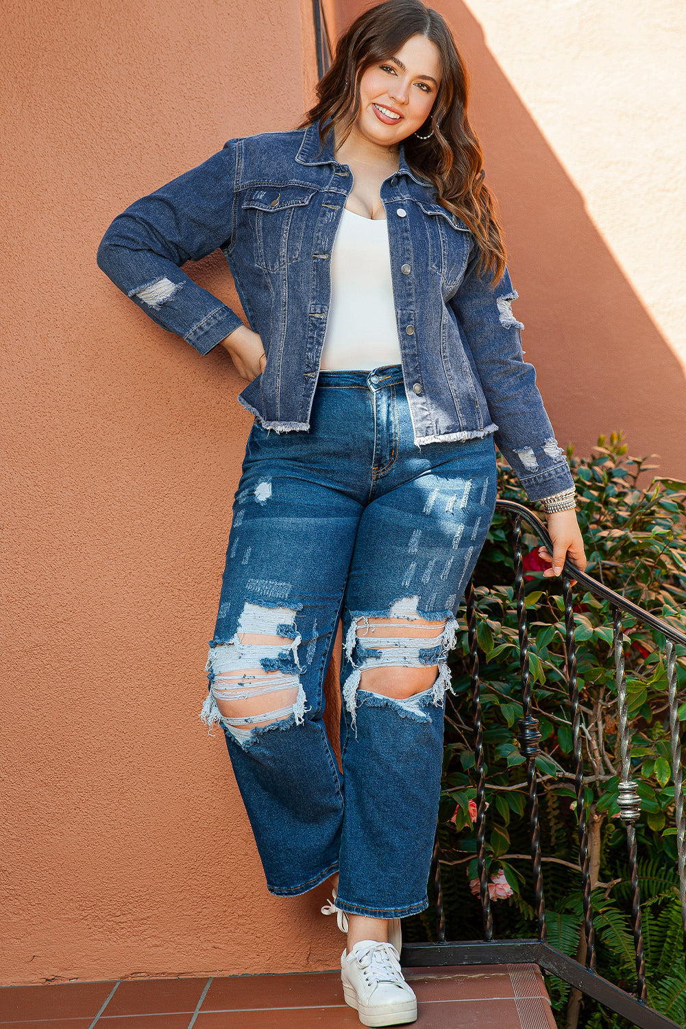 Dark Blue Plus Size Distressed Flap Pocket Denim Jacket