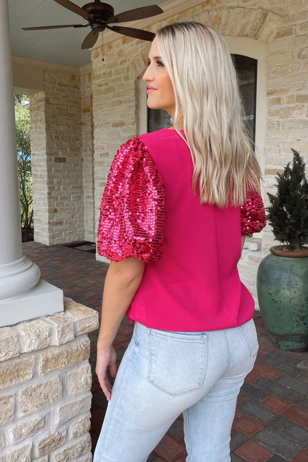 Rose Red Contrast Sequin Puff Sleeve T Shirt