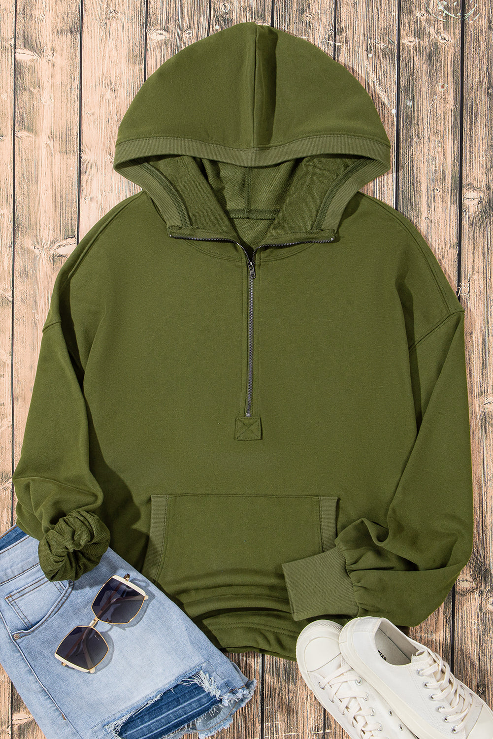 Smoke Green Solid Kangaroo Pocket Half Zipper Oversized Hoodie