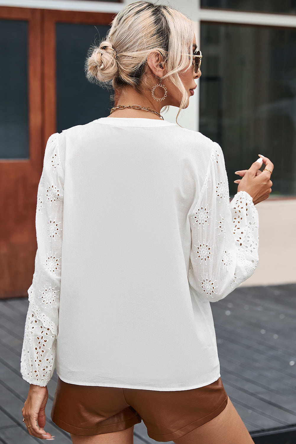 White Eyelet Lace Puff Sleeve Split Neck Blouse