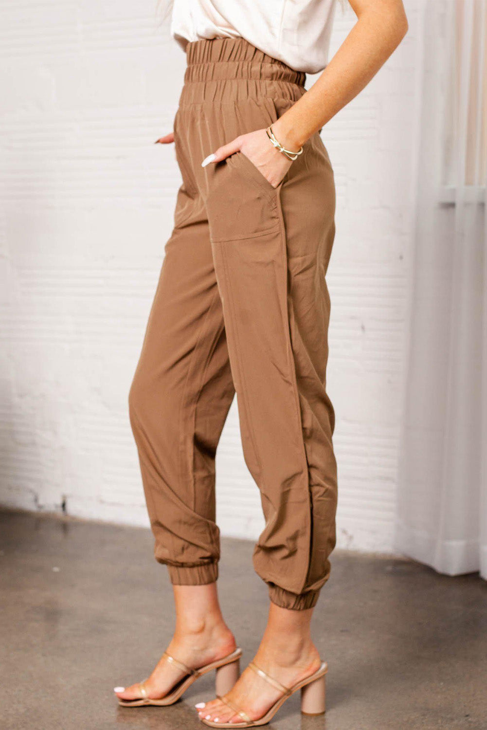 Khaki Smocked Elastic High Waist Joggers