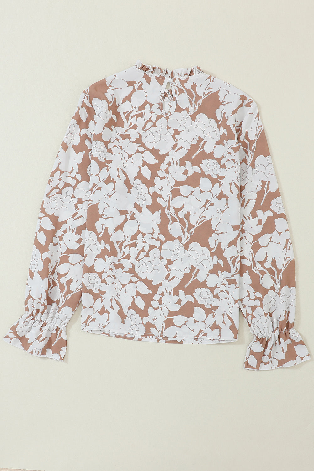 White Floral Print Frilled Neckline Flounce Sleeve Blouse