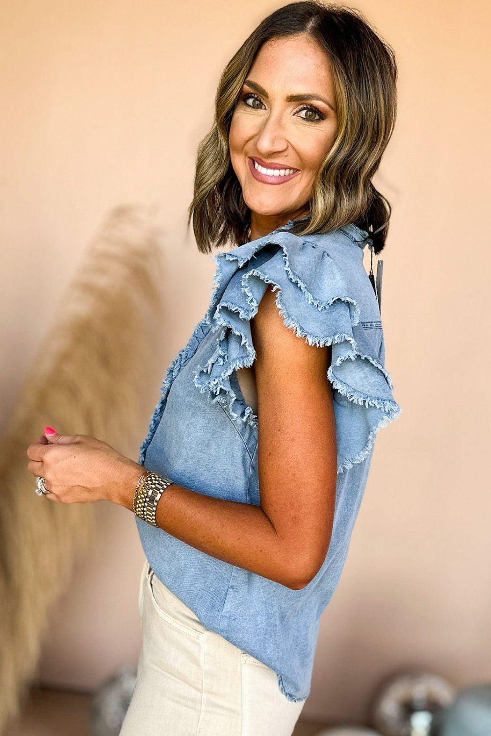 Ashleigh Blue Button Front Ruffled Flutter Frayed Denim Top