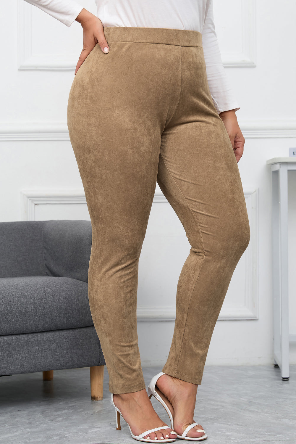 Camel Plus Size High Rise Faux Suede Skinny Pants
