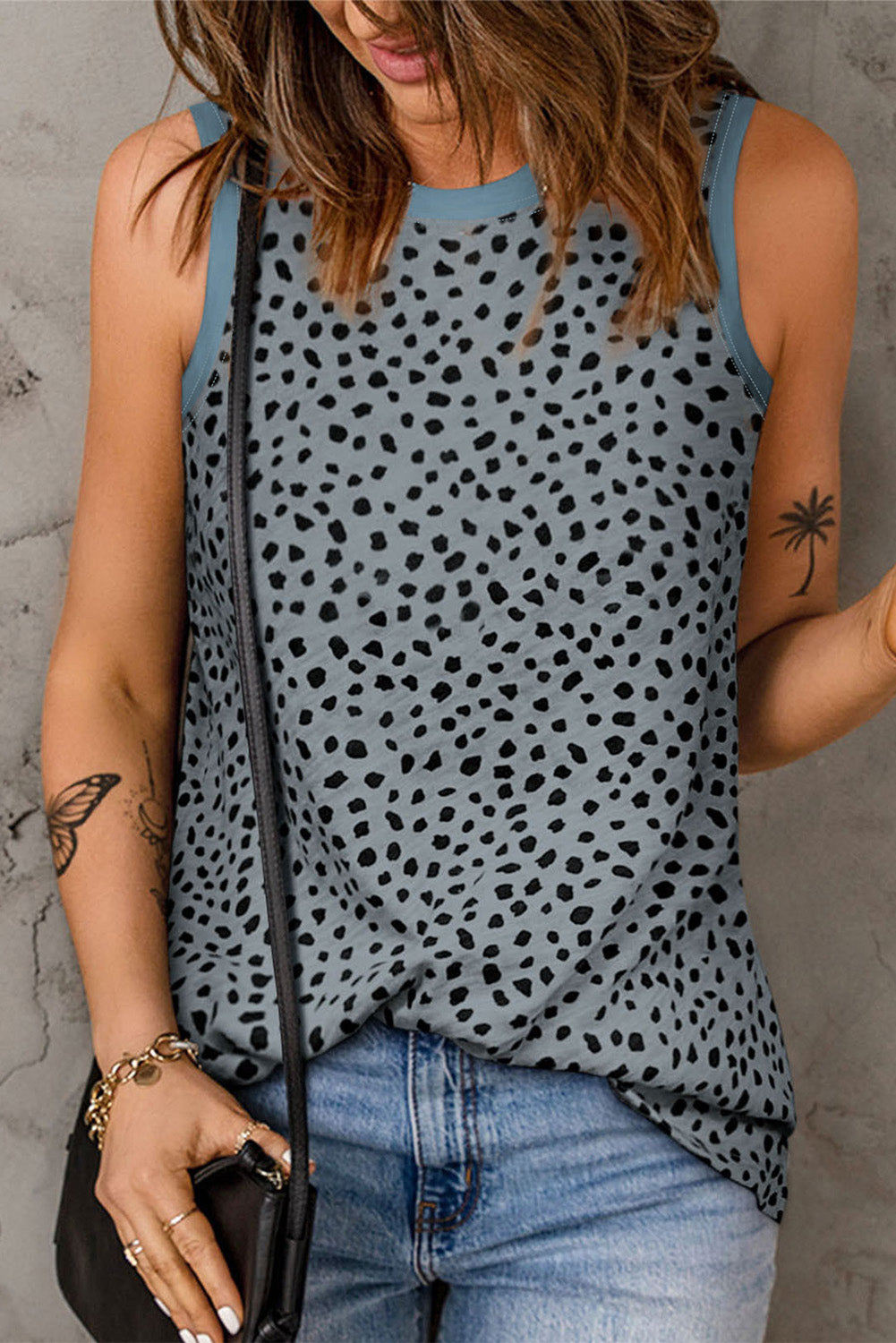 Black Leopard Print Round Neck Tank Top