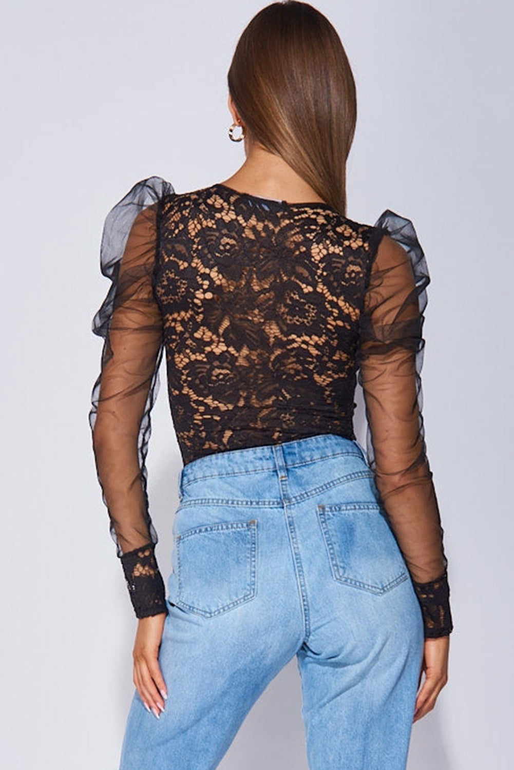 Black V Neck Lace Sheer Puff Sleeve Bodysuit