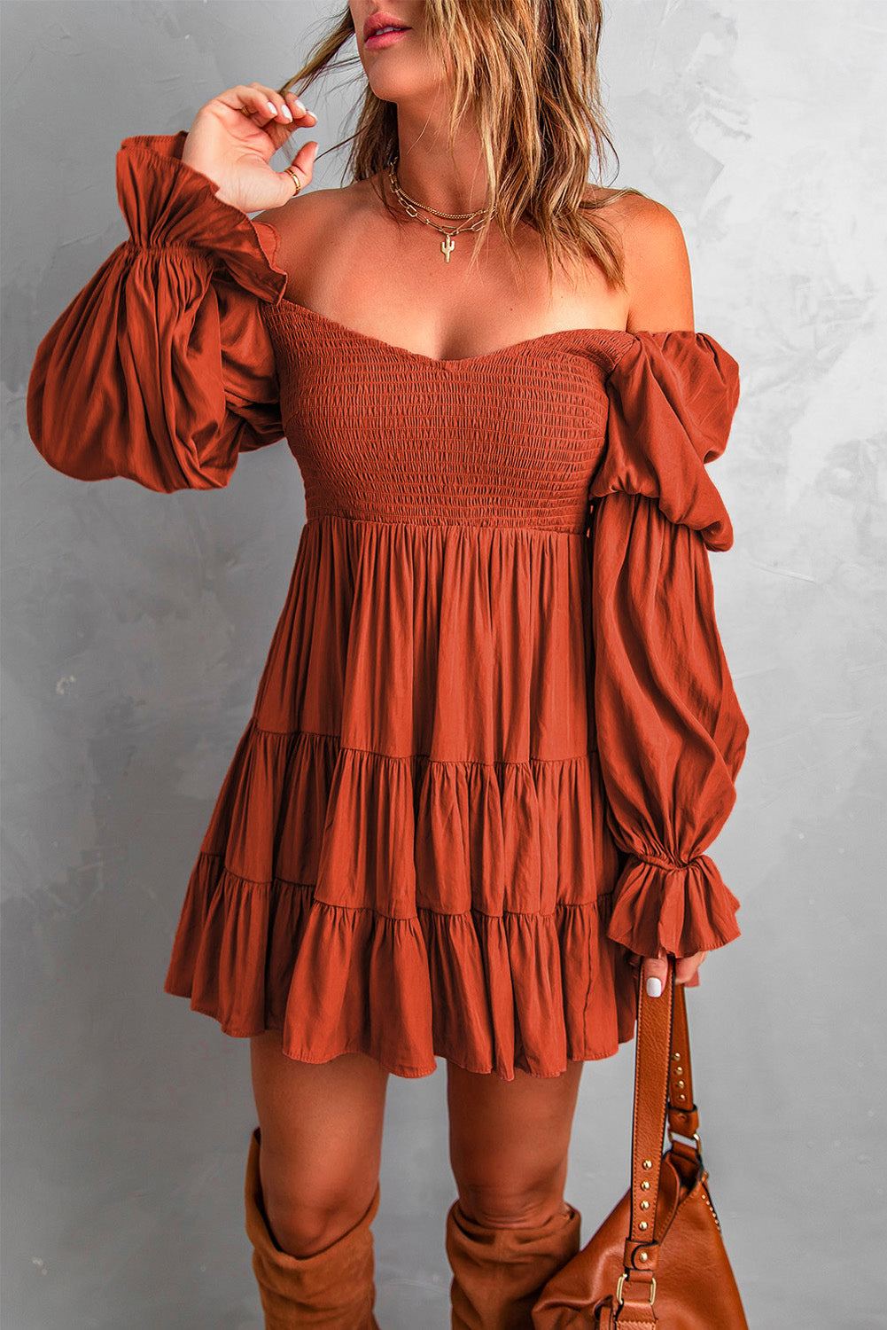 Brown Boho Solid Shirred Ruffle Mini Dress