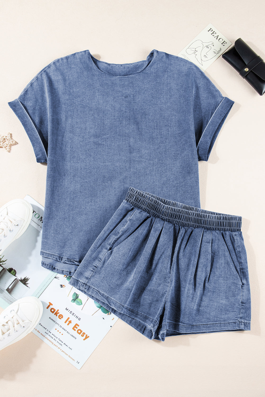 Light Blue Denim Cuffed Sleeve Tee Elastic Shorts Set