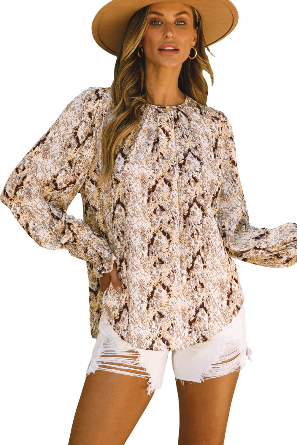 Brown Glitter Snake Grain Pleated Round Neck Blouse