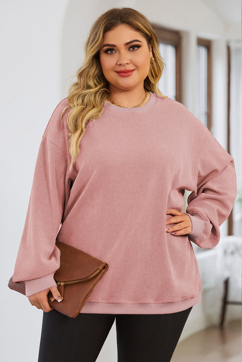 Black Plus Size Corded Round Neck Sweatshirt