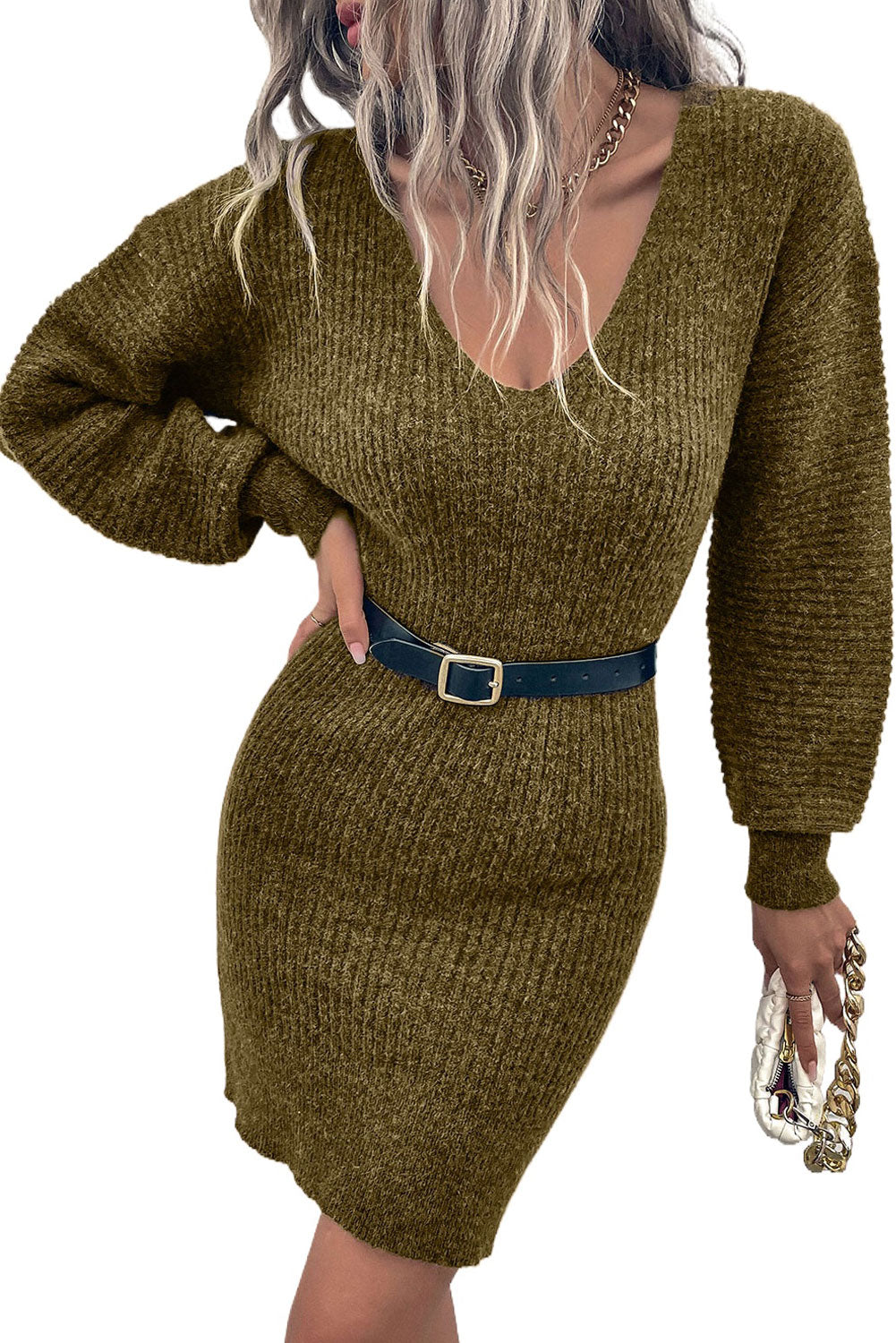 Gray V Neck Bodycon Sweater Dress