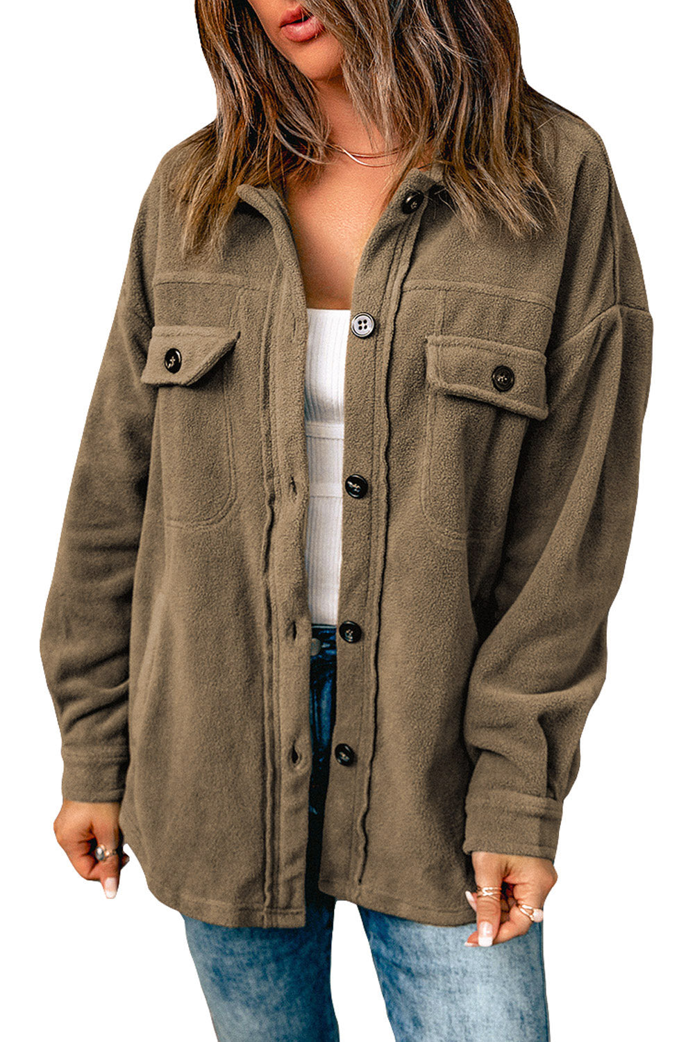 Beige Turn Down Collar Buttoned Shirt Jacket