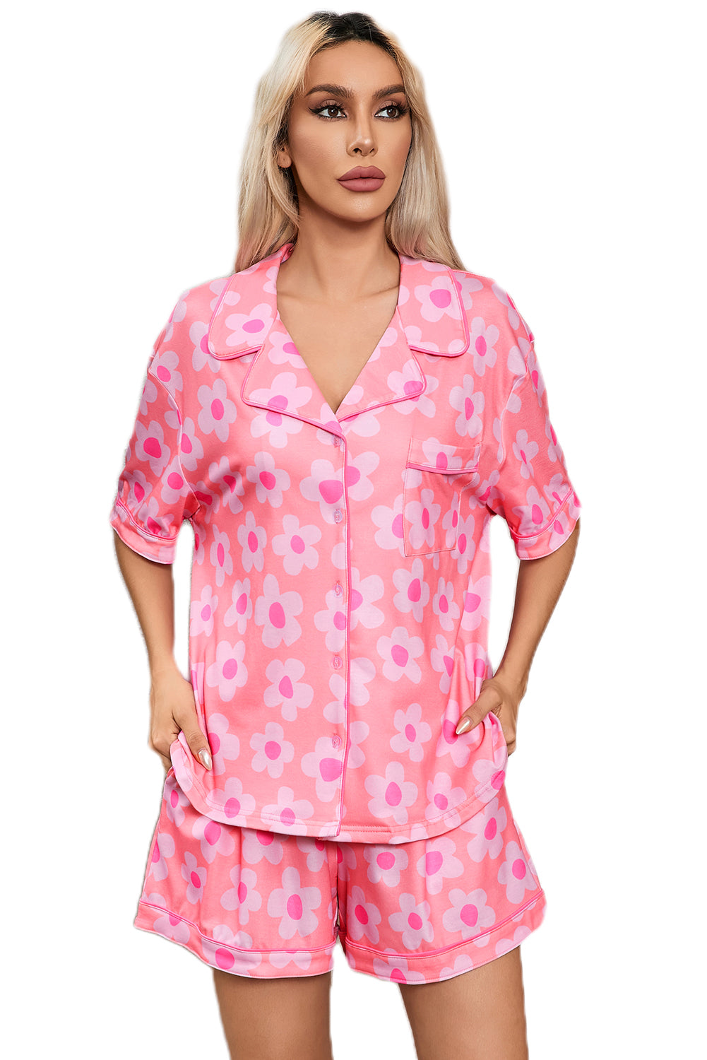 Pink Flower Print Short Sleeve Shirt Pajamas Set