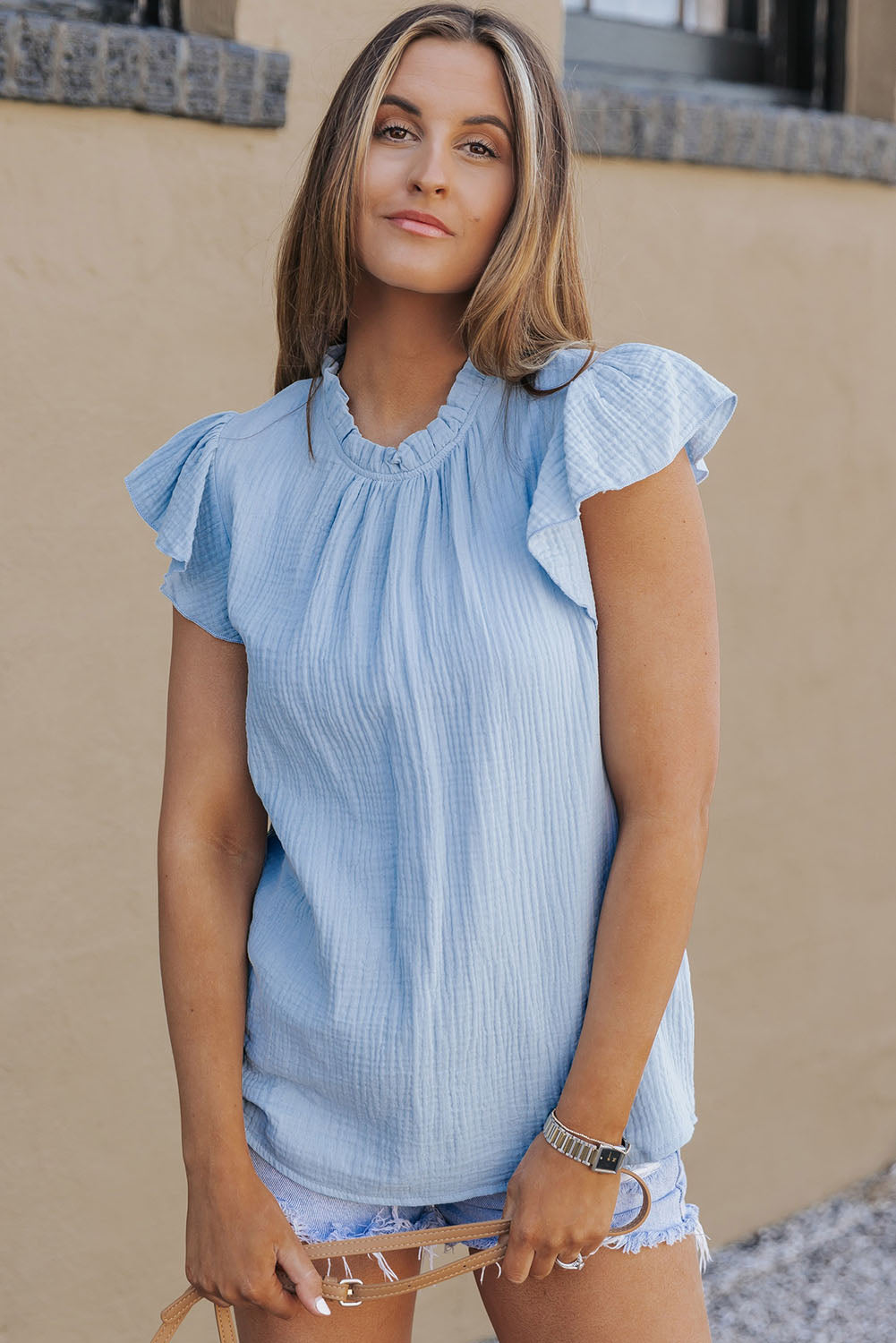 Sky Blue Flutter Sleeve Frilled Neck Textured Blouse