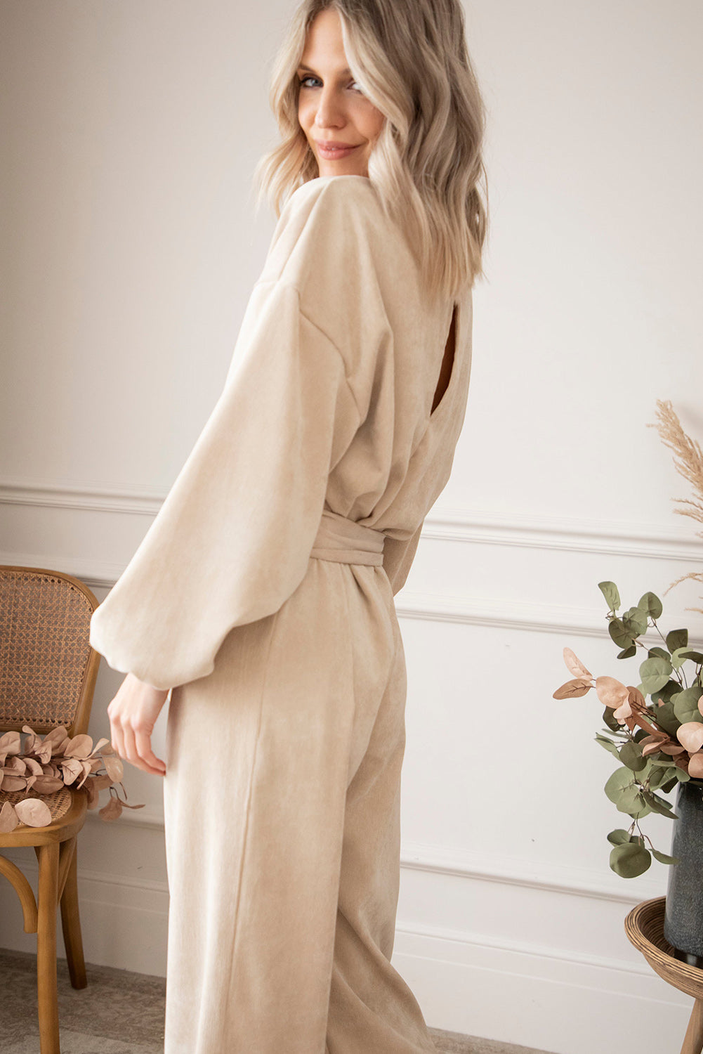 Apricot Keyhole Back V Neck Tie Waist Loose Jumpsuit