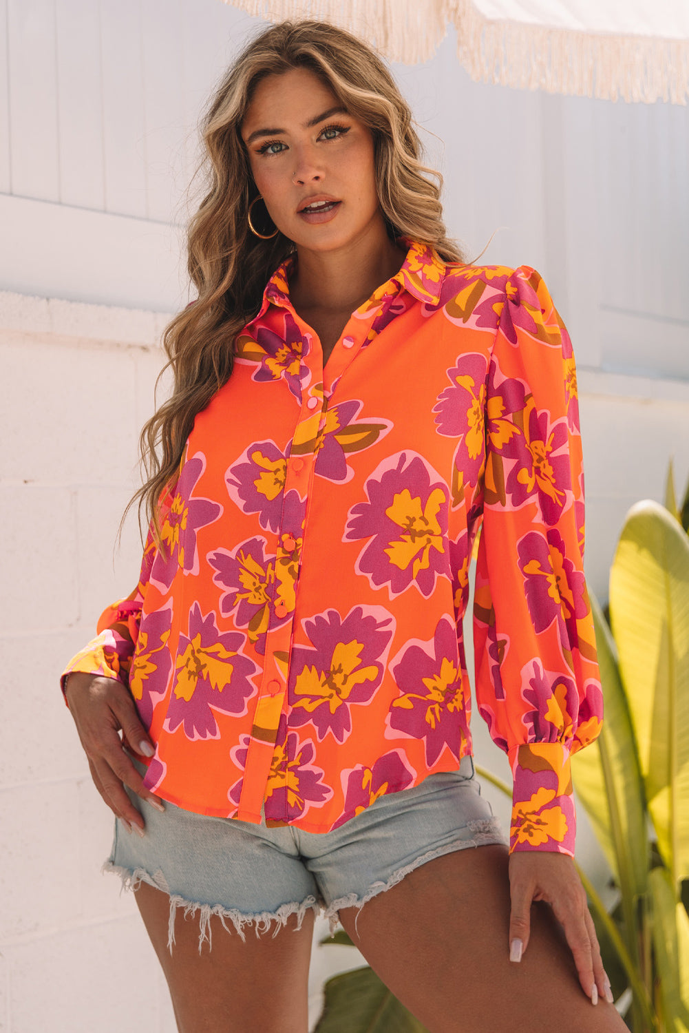 Fiery Red Floral Print Lantern Sleeve Shirt
