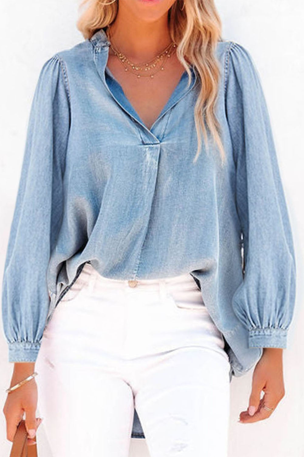 Black Split V-Neck Balloon Sleeve Ruched Denim Top