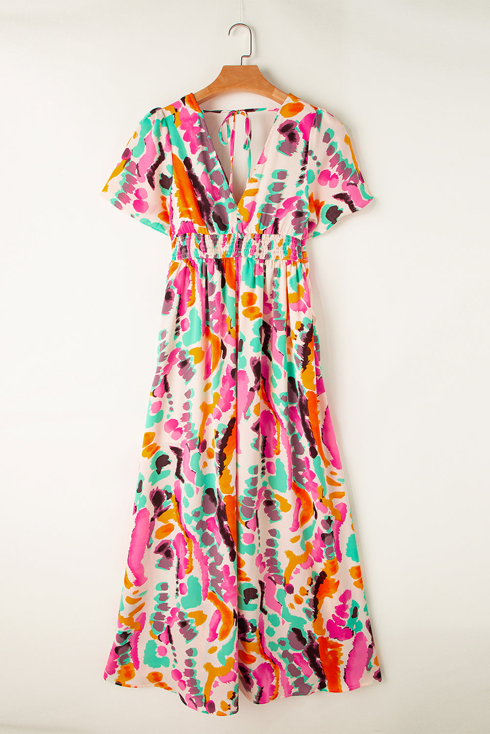 Pink Boho Tie-dye Print V Neck Maxi Dress