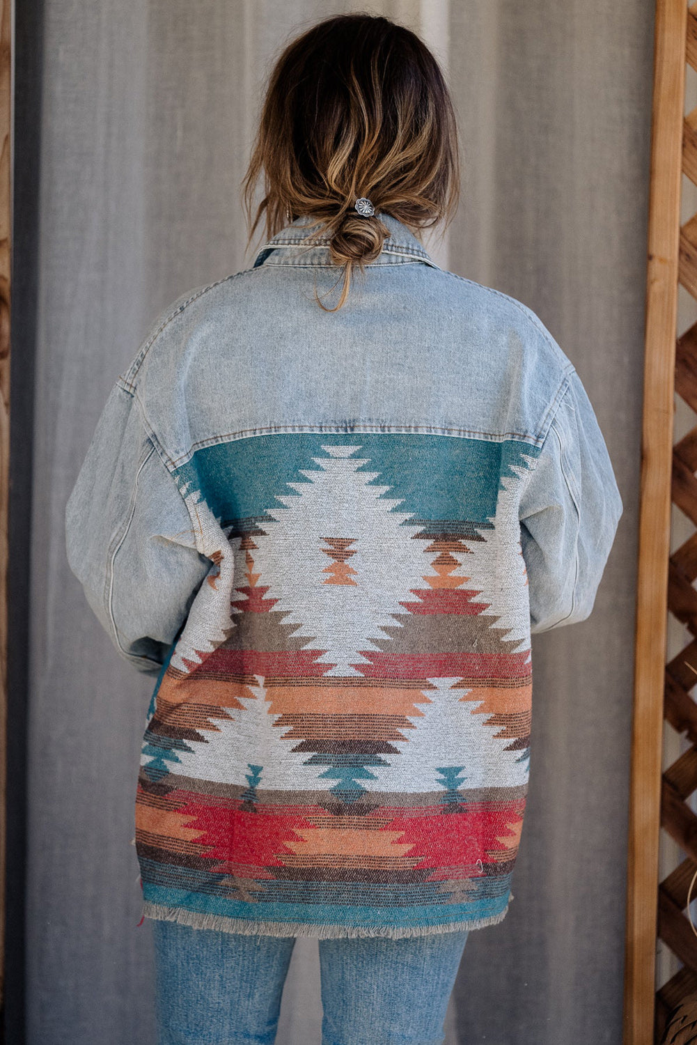 Sky Blue Plus Size Denim Aztec Jacket