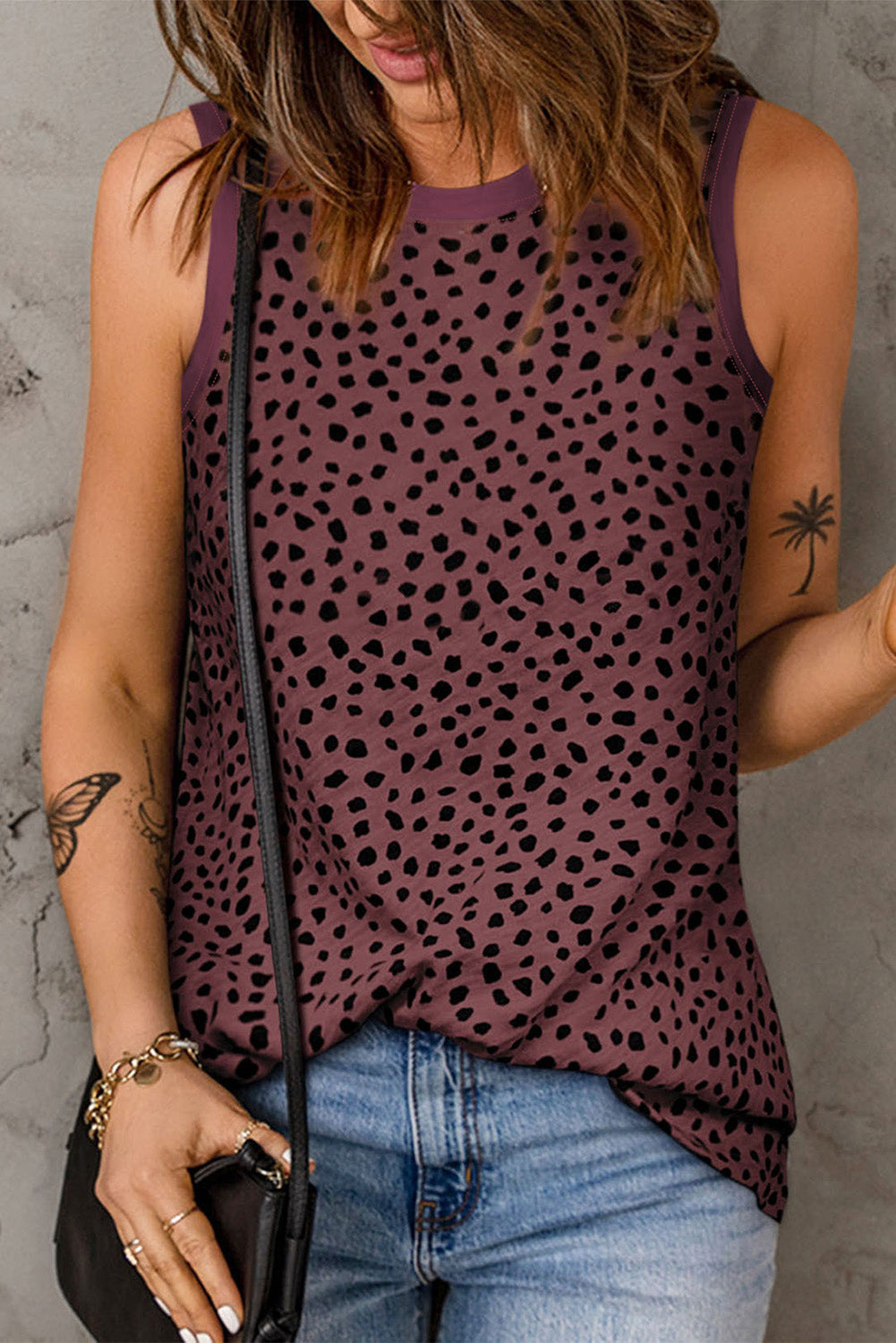 Black Leopard Print Round Neck Tank Top