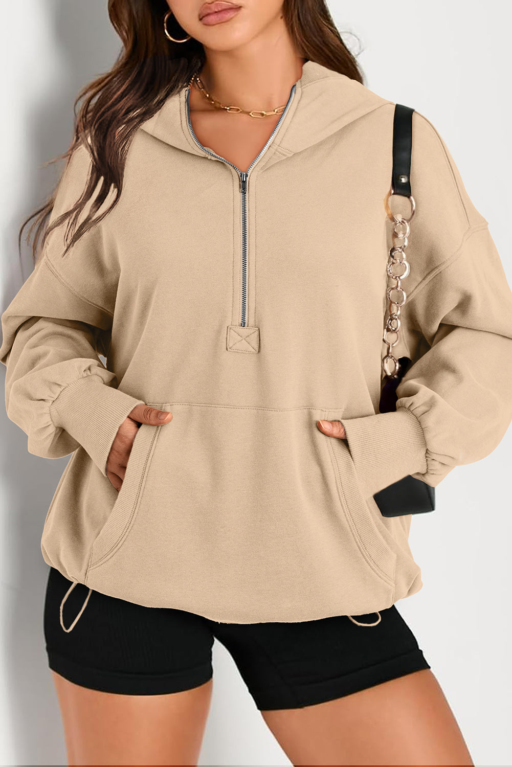 Smoke Green Solid Kangaroo Pocket Half Zipper Oversized Hoodie