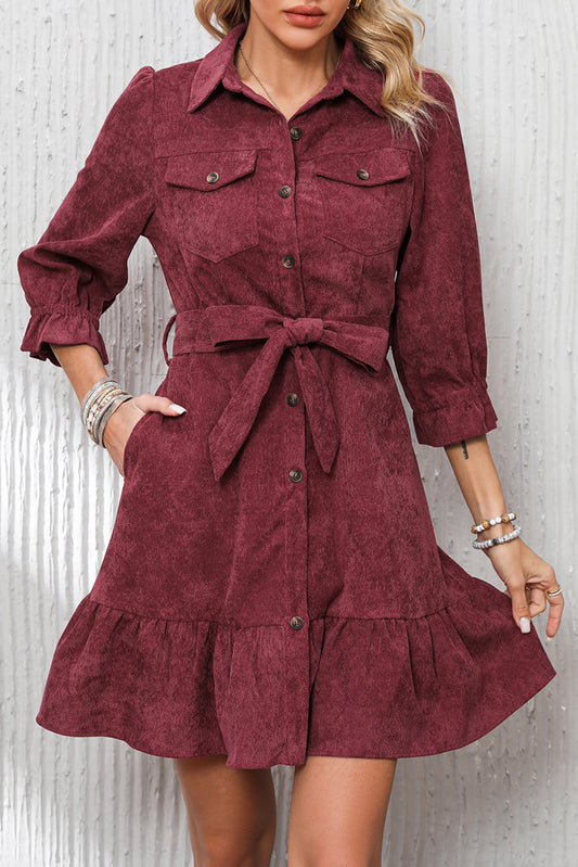 Red Dahlia Collared Buttons Front Ruffled Hem Shirt Corduroy Dress