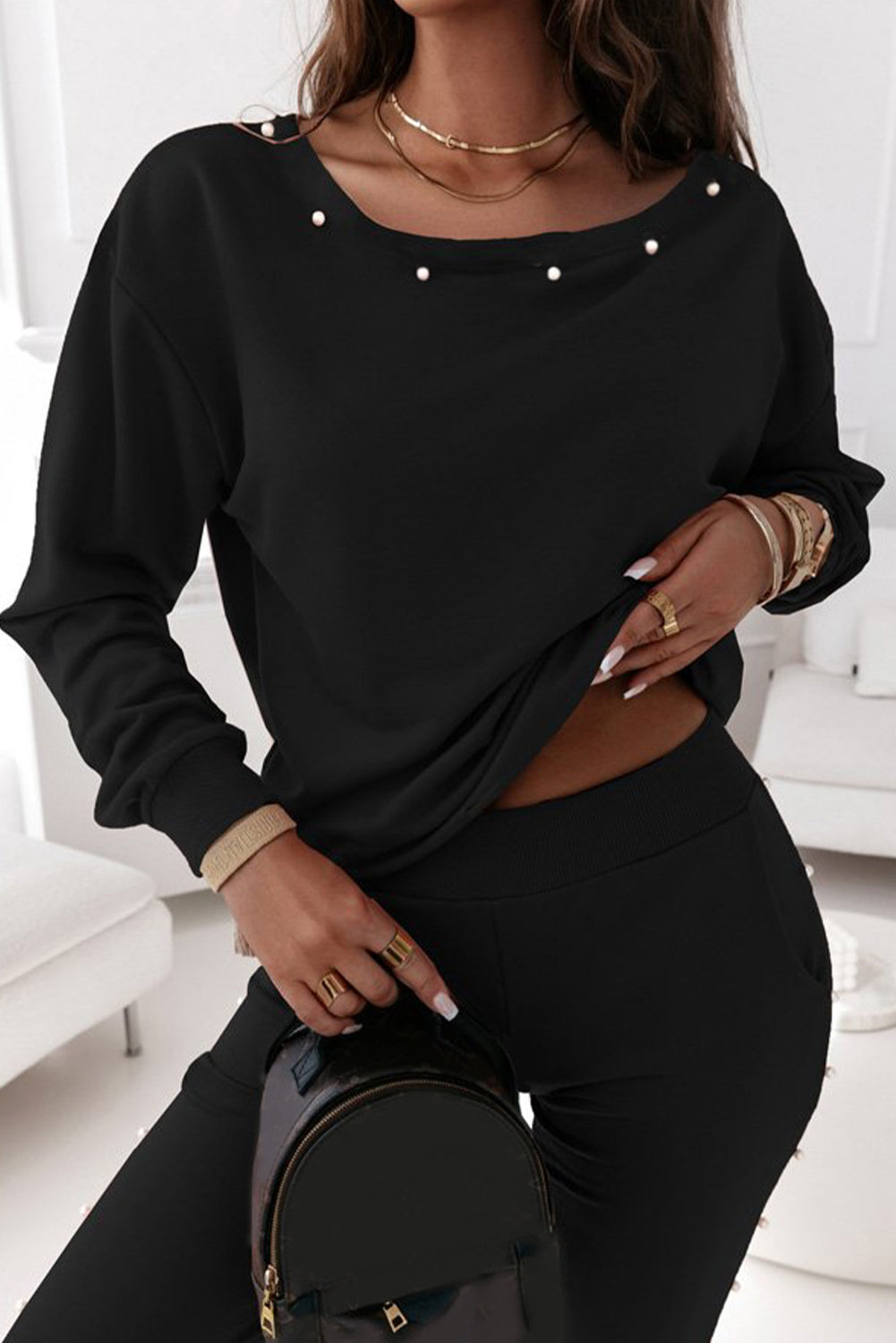 Black Beaded Decor Pullover and Jogger Pants Set