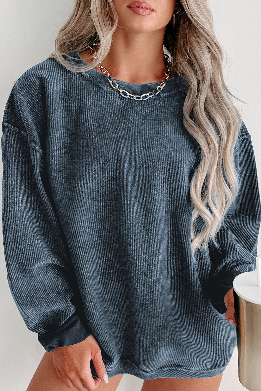 Black Plus Size Corded Round Neck Sweatshirt