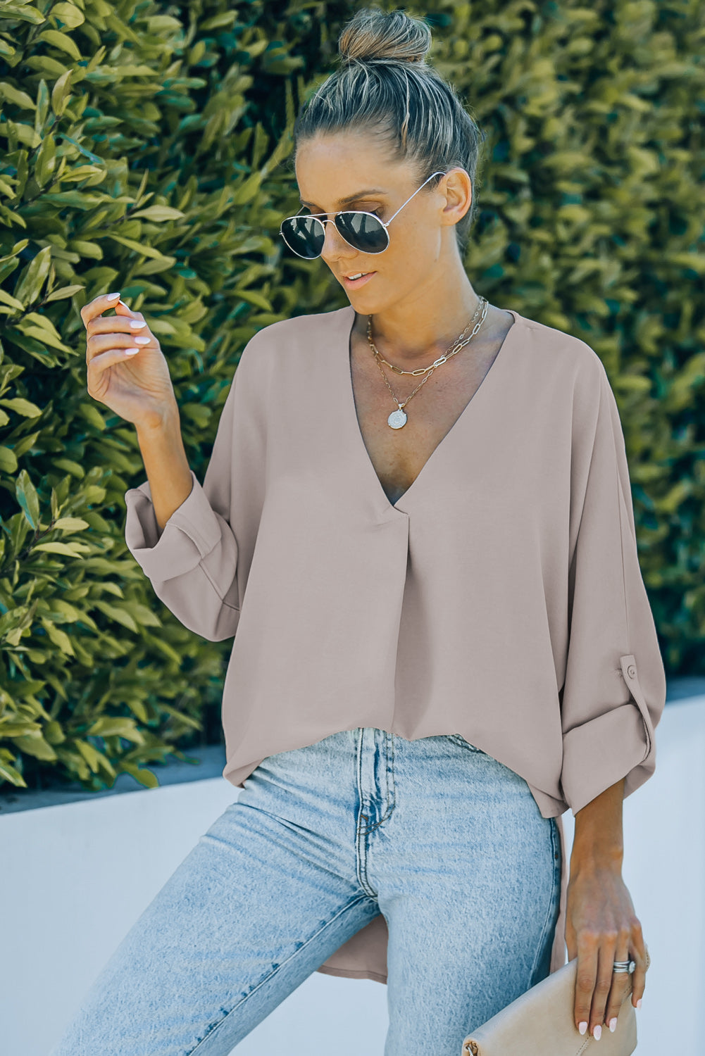 Blue V Neck 3/4 Sleeve High Low Hem Shirt
