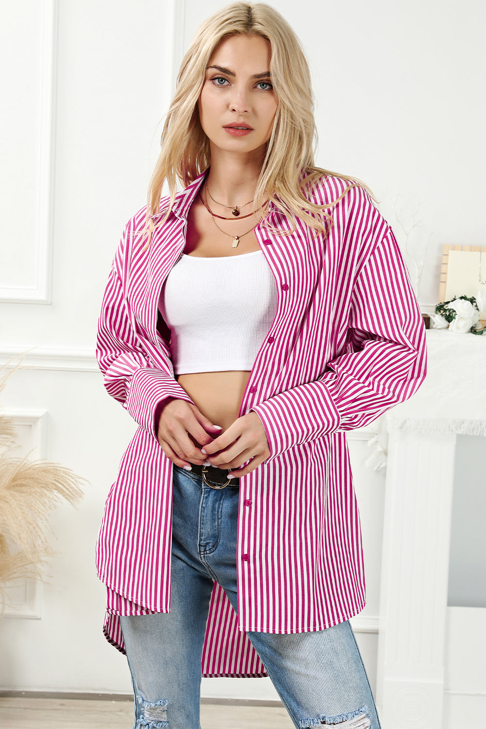 Striped Bishop Sleeve Side Slit Long Tail Shirt