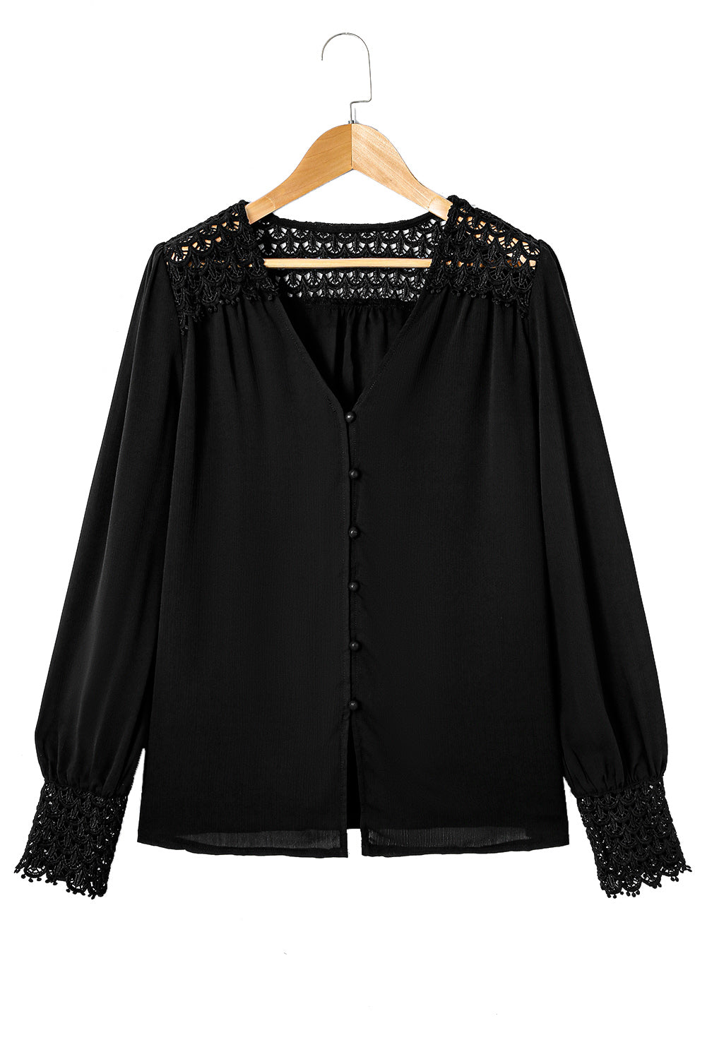 Black Crochet Lace Splice Buttoned Shirt