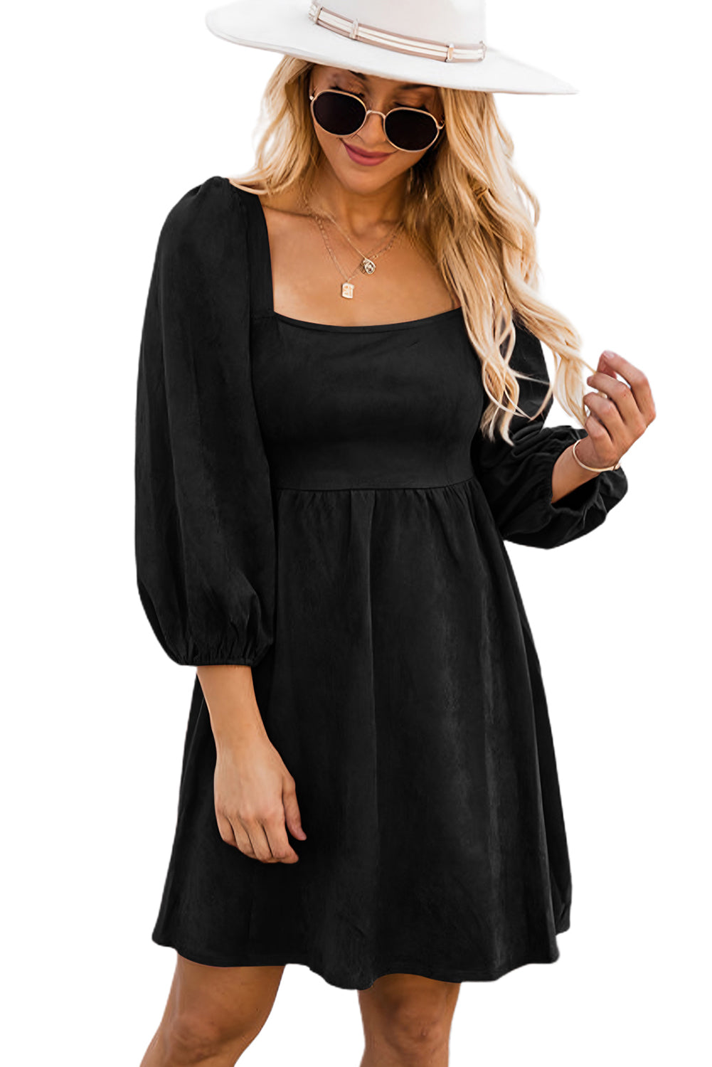 Suede Square Neck Puff Sleeve Dress