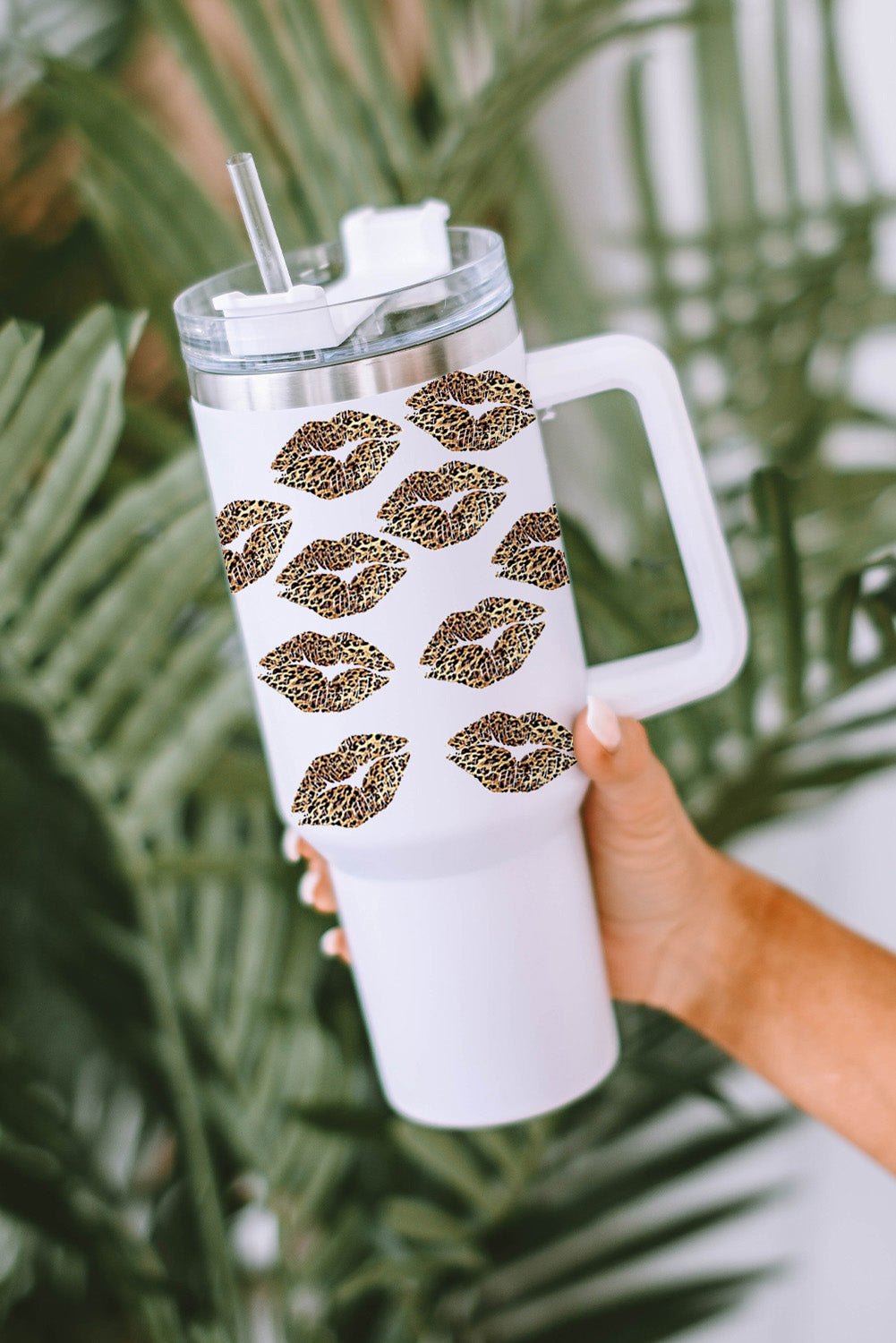 White Leopard Lips Print Thermos Cup with Straw 40oz