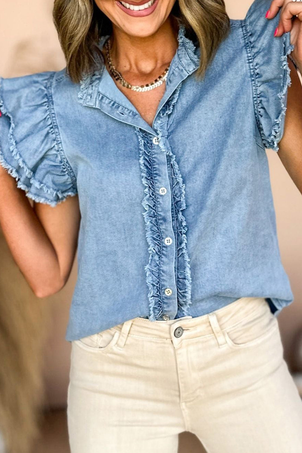 Ashleigh Blue Button Front Ruffled Flutter Frayed Denim Top